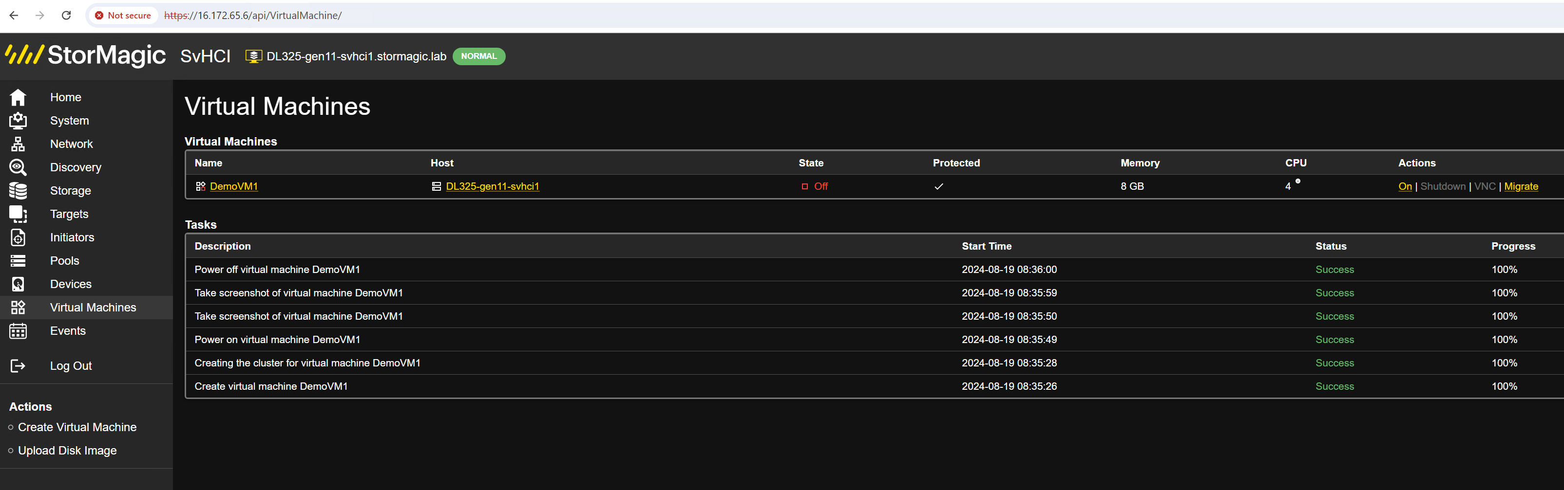 VM displayed in the Virtual Machines menu