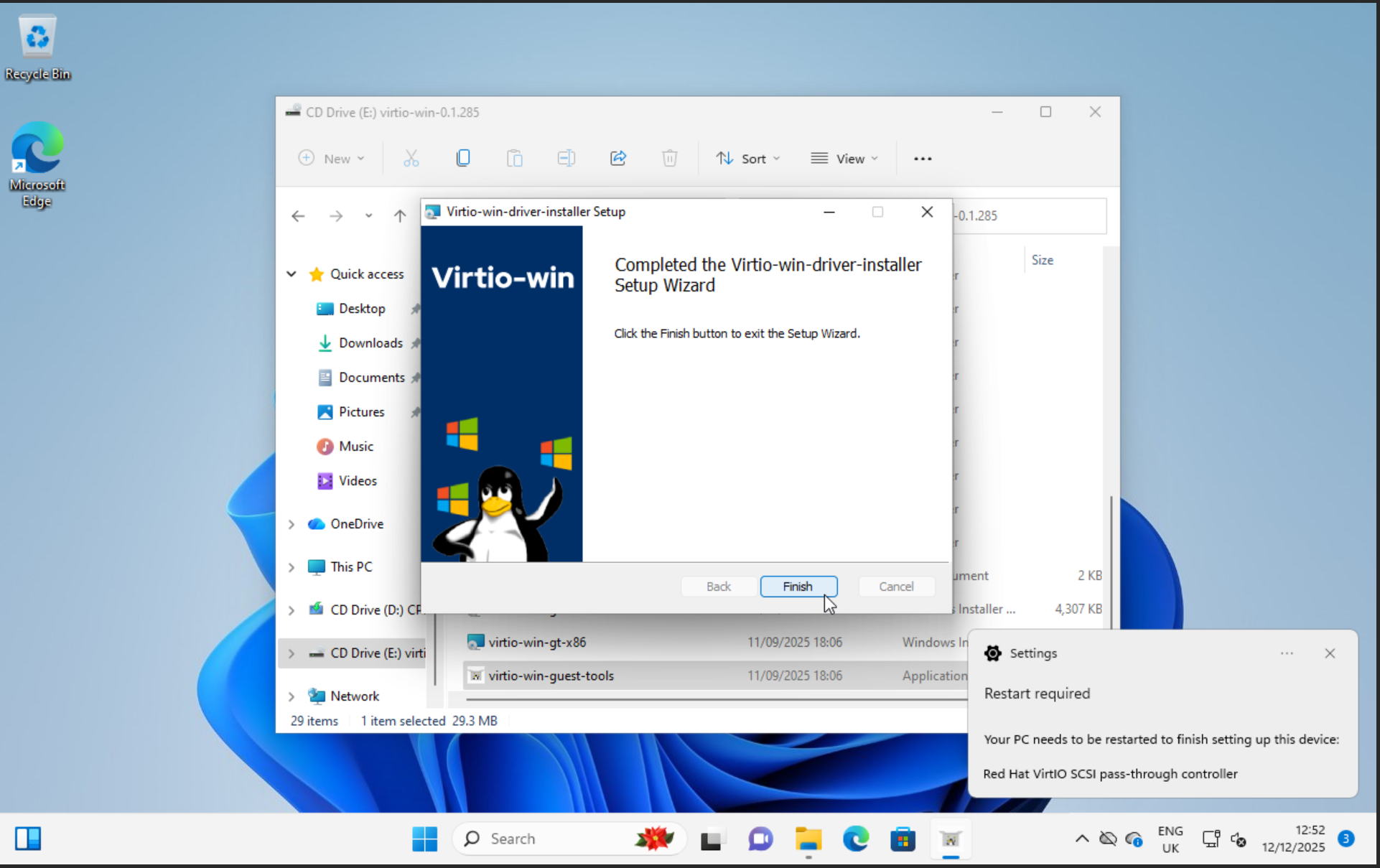 Finish install and restart