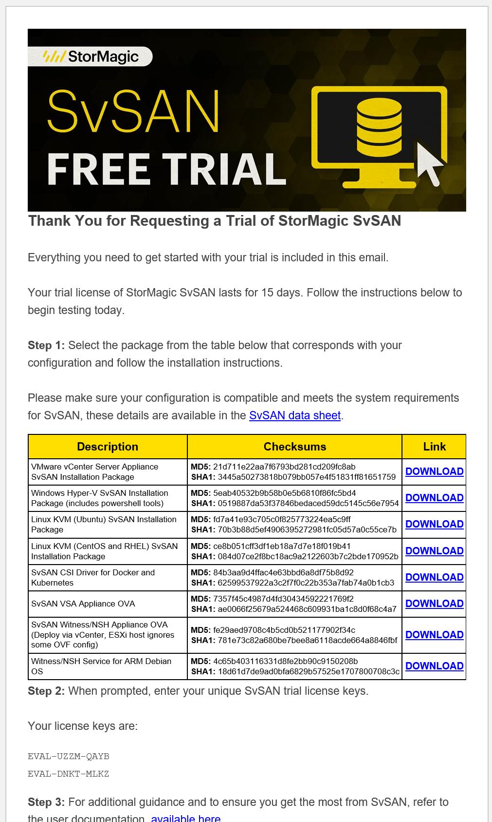 SvSAN trial email