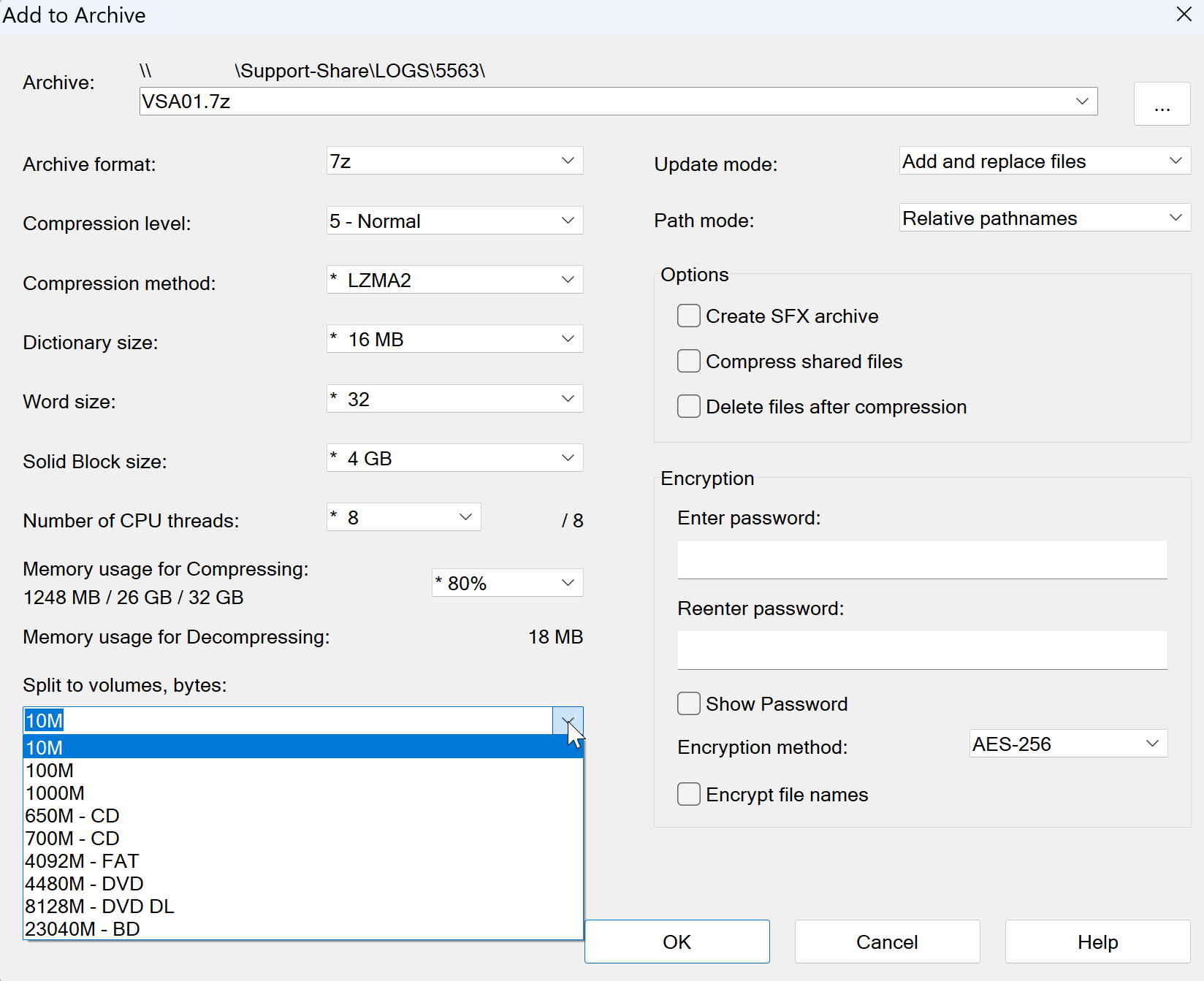 7-Zip archive settings